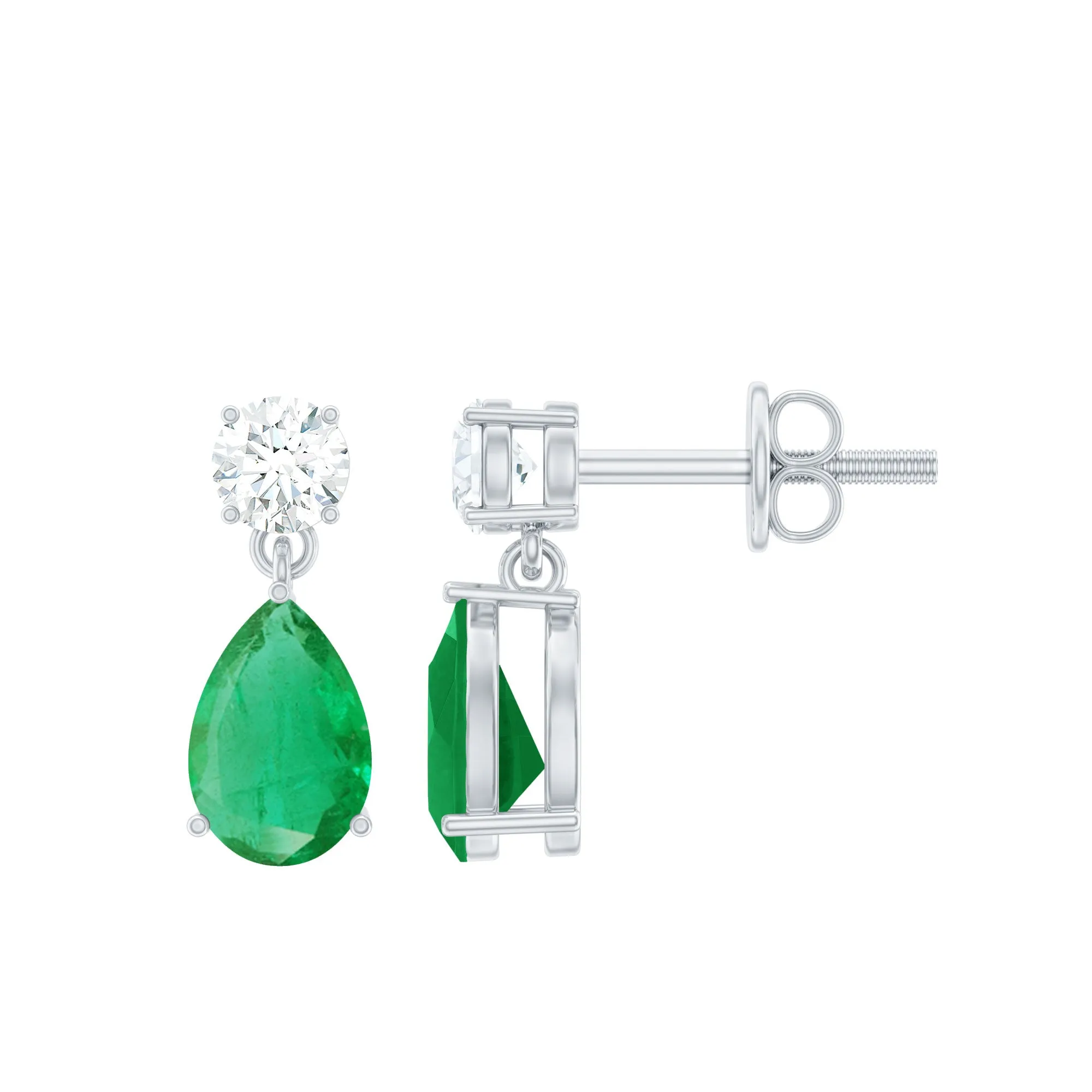 1 CT Emerald and Moissanite Simple Teardrop Earrings