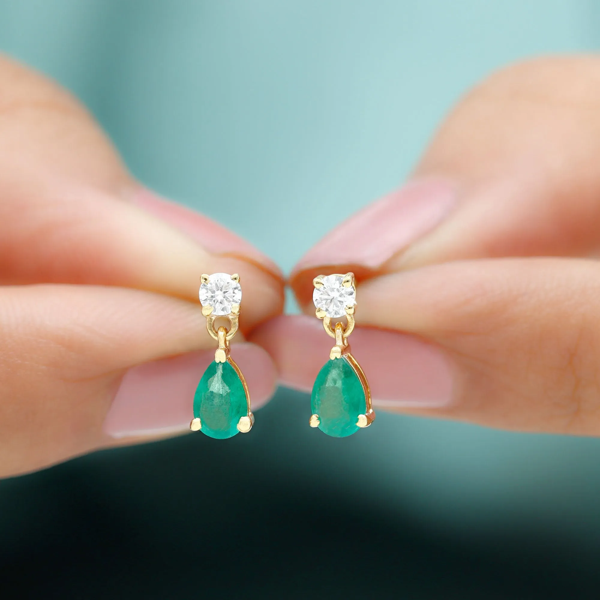 1 CT Emerald and Moissanite Simple Teardrop Earrings