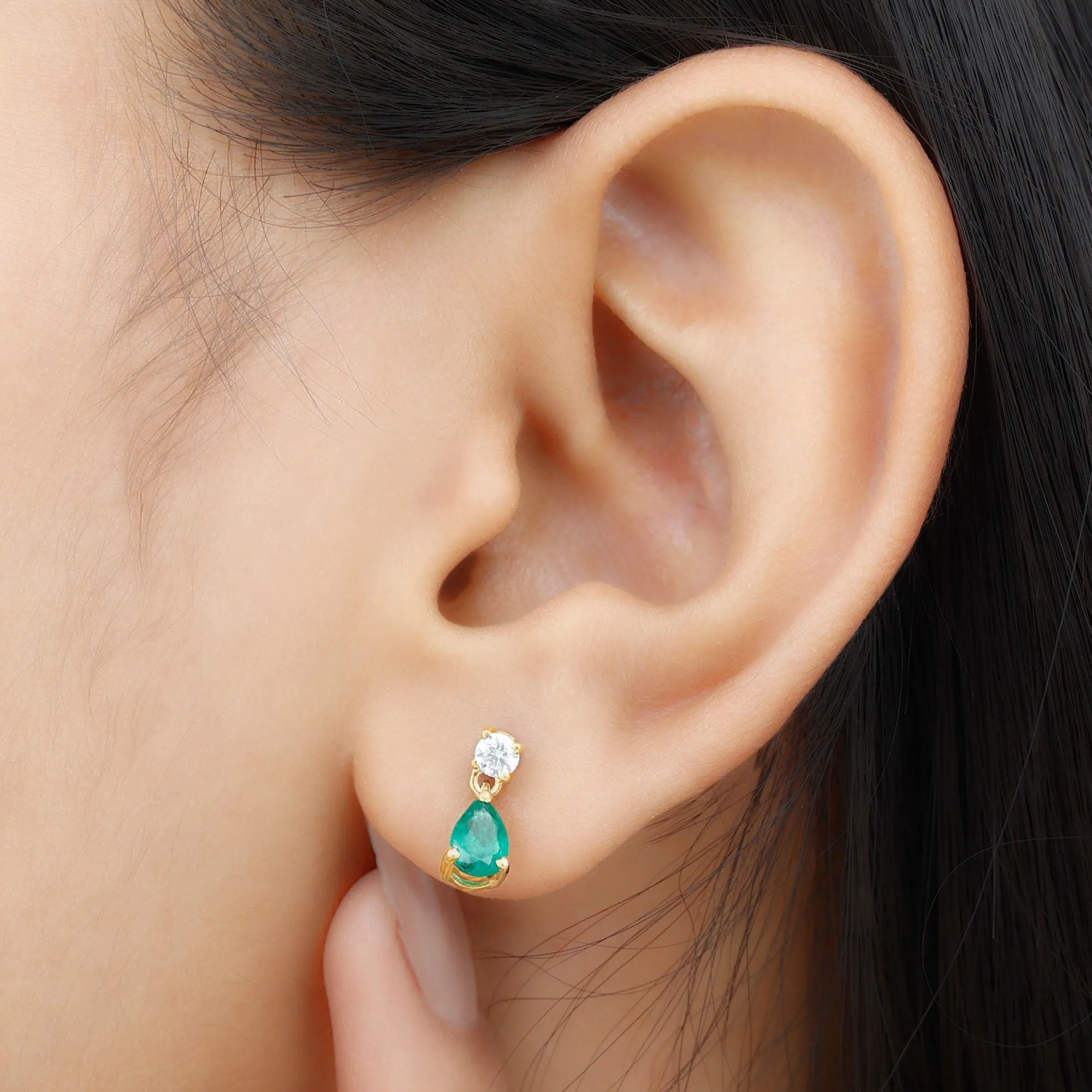 1 CT Emerald and Moissanite Simple Teardrop Earrings