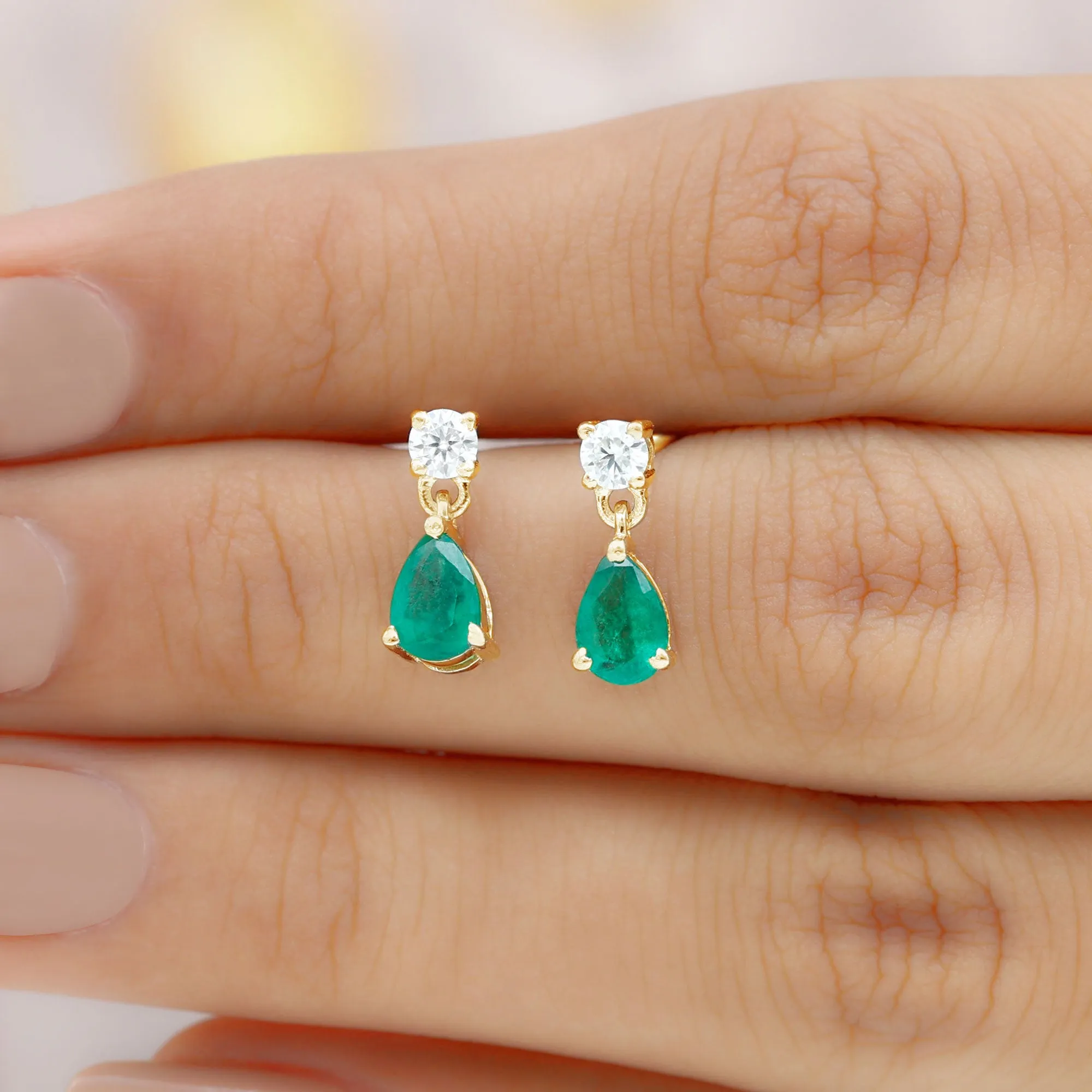 1 CT Emerald and Moissanite Simple Teardrop Earrings