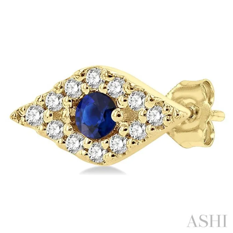 1/10 ctw Evil Eye Round Cut Diamond & 2.0MM Round Cut Sapphire Precious Petite Fashion Stud Earring in 10K Yellow Gold