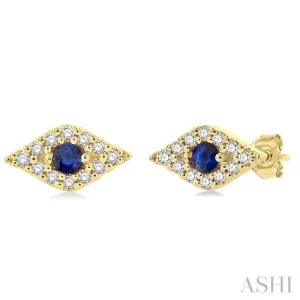 1/10 ctw Evil Eye Round Cut Diamond & 2.0MM Round Cut Sapphire Precious Petite Fashion Stud Earring in 10K Yellow Gold