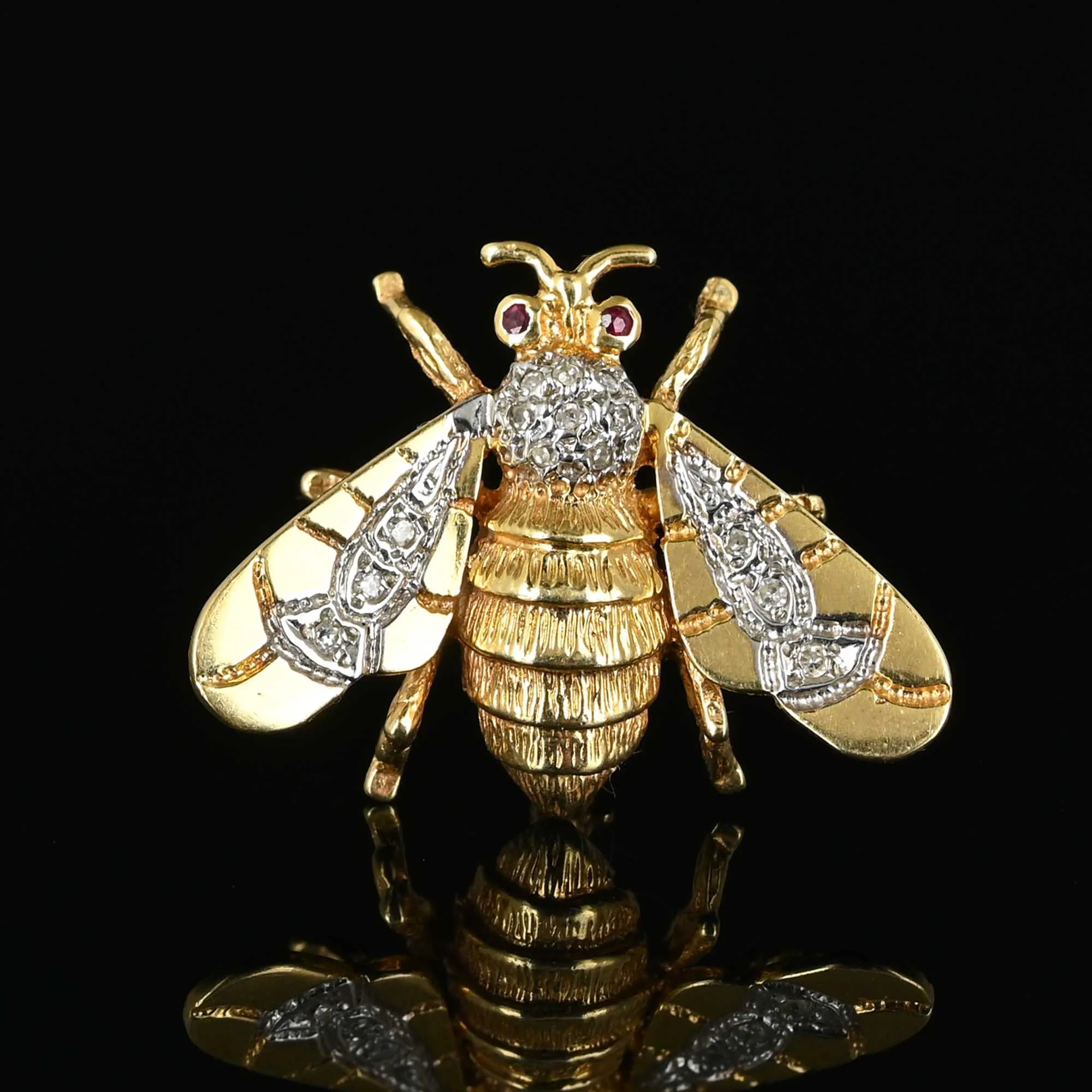 14K Gold Ruby Diamond Bumble Bee Brooch