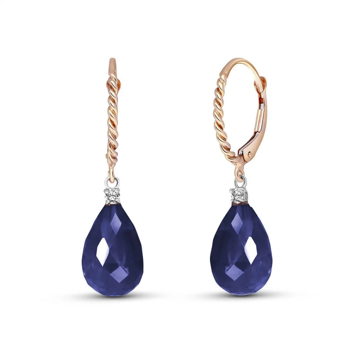 14K Solid Rose Gold Leverback Earrings Diamond & Sapphire Certified