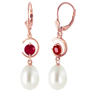 14K Solid Rose Gold Leverback Earrings Ruby & Pearl Certified