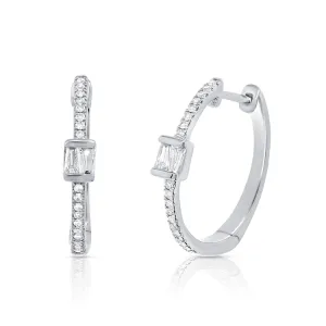 14K White Gold Round and Baguette Diamond Hoop Earrings