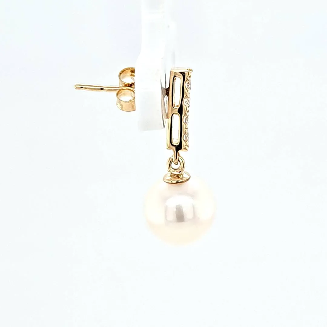 14k Yellow Gold Freshwater Pearl & Diamond Drop Earrings (I8167)