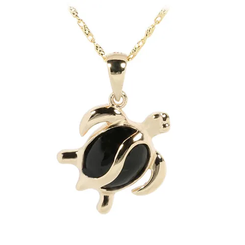 14K Yellow Gold Honu (Hawaiian Turtle) Black Coral Inlaid Pendant (Chain Sold Separately)