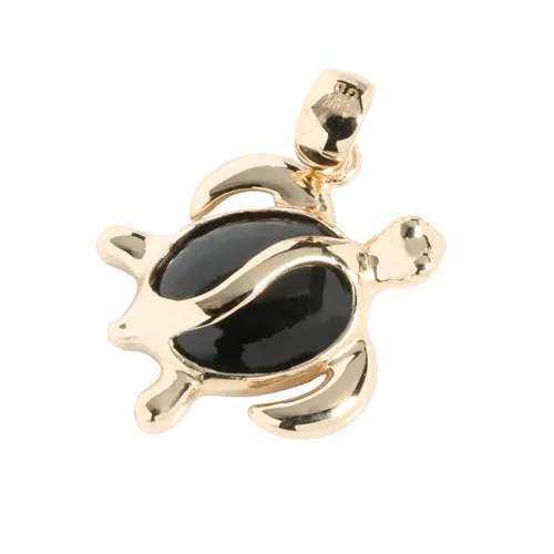 14K Yellow Gold Honu (Hawaiian Turtle) Black Coral Inlaid Pendant (Chain Sold Separately)