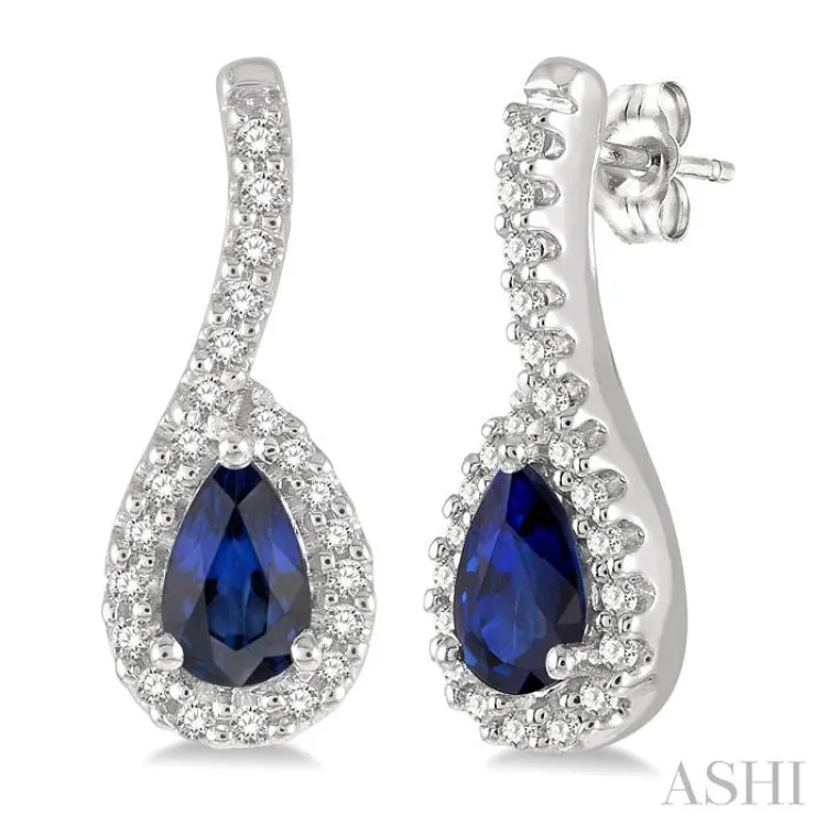 1/6 Ctw Hanging Arm 5X3MM Pear Cut Sapphire and Round Cut Diamond Precious Earring in 10K White Gold