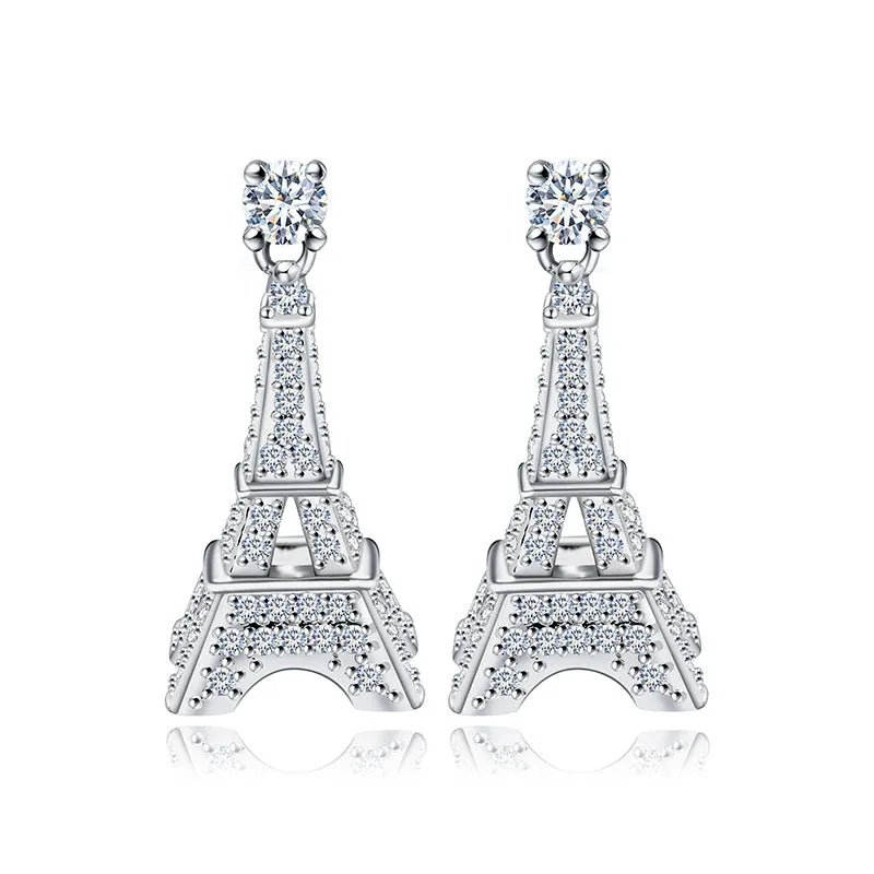 18K White Gold Brushed Small Dangling Eiffel Tower 4mm with Created White Sapphire 1/4Ct Earrings Plated