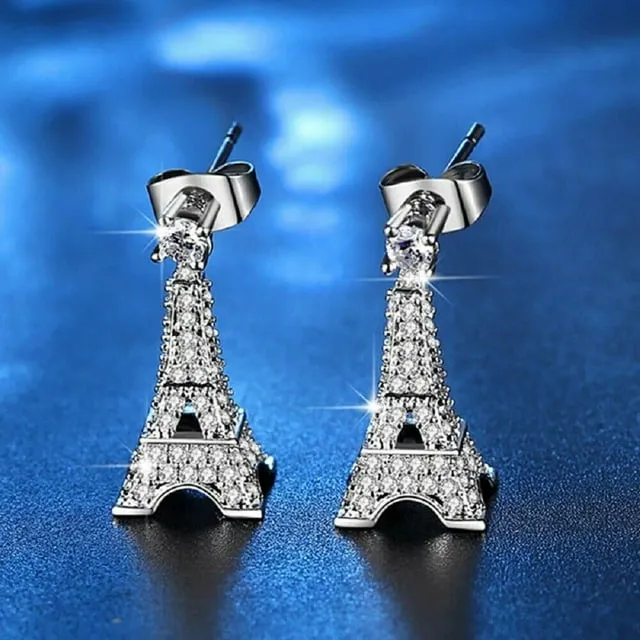 18K White Gold Brushed Small Dangling Eiffel Tower 4mm with Created White Sapphire 1/4Ct Earrings Plated