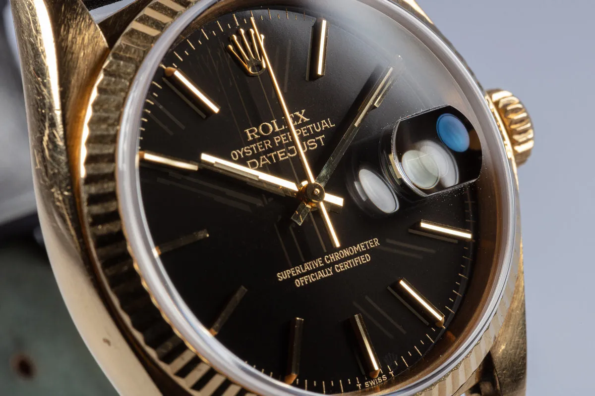 1979 Vintage Rolex 18k DateJust 16018 Black Gilt Dial Box & Papers