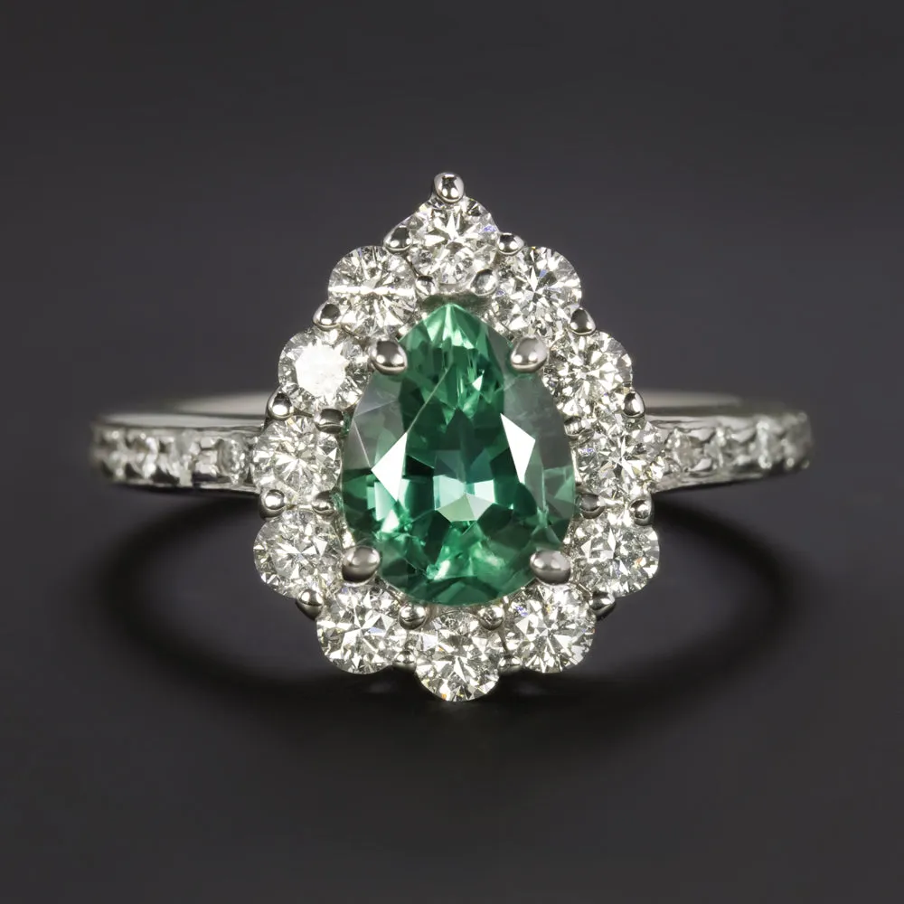 1ct NO OIL EMERALD DIAMOND COCKTAIL RING GIA CERTIFIED PEAR HALO 14k WHITE GOLD