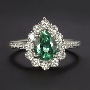 1ct NO OIL EMERALD DIAMOND COCKTAIL RING GIA CERTIFIED PEAR HALO 14k WHITE GOLD