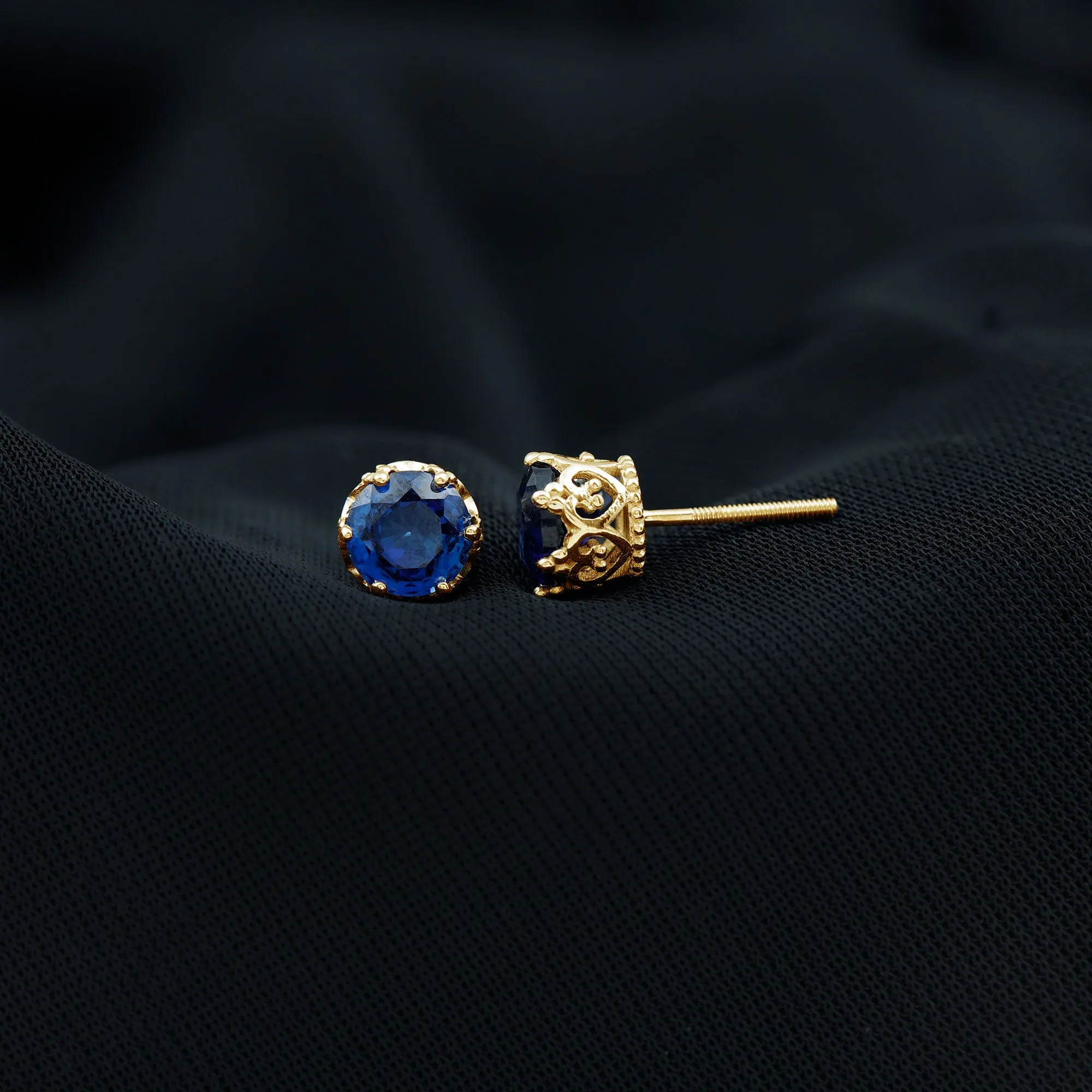 2 CT Created Blue Sapphire Solitaire Gold Crown Stud Earrings