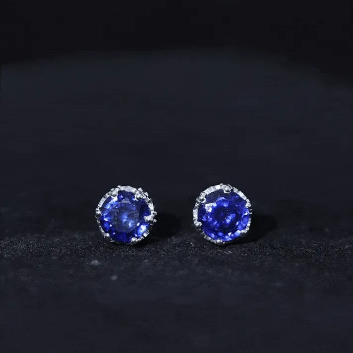 2 CT Created Blue Sapphire Solitaire Gold Crown Stud Earrings