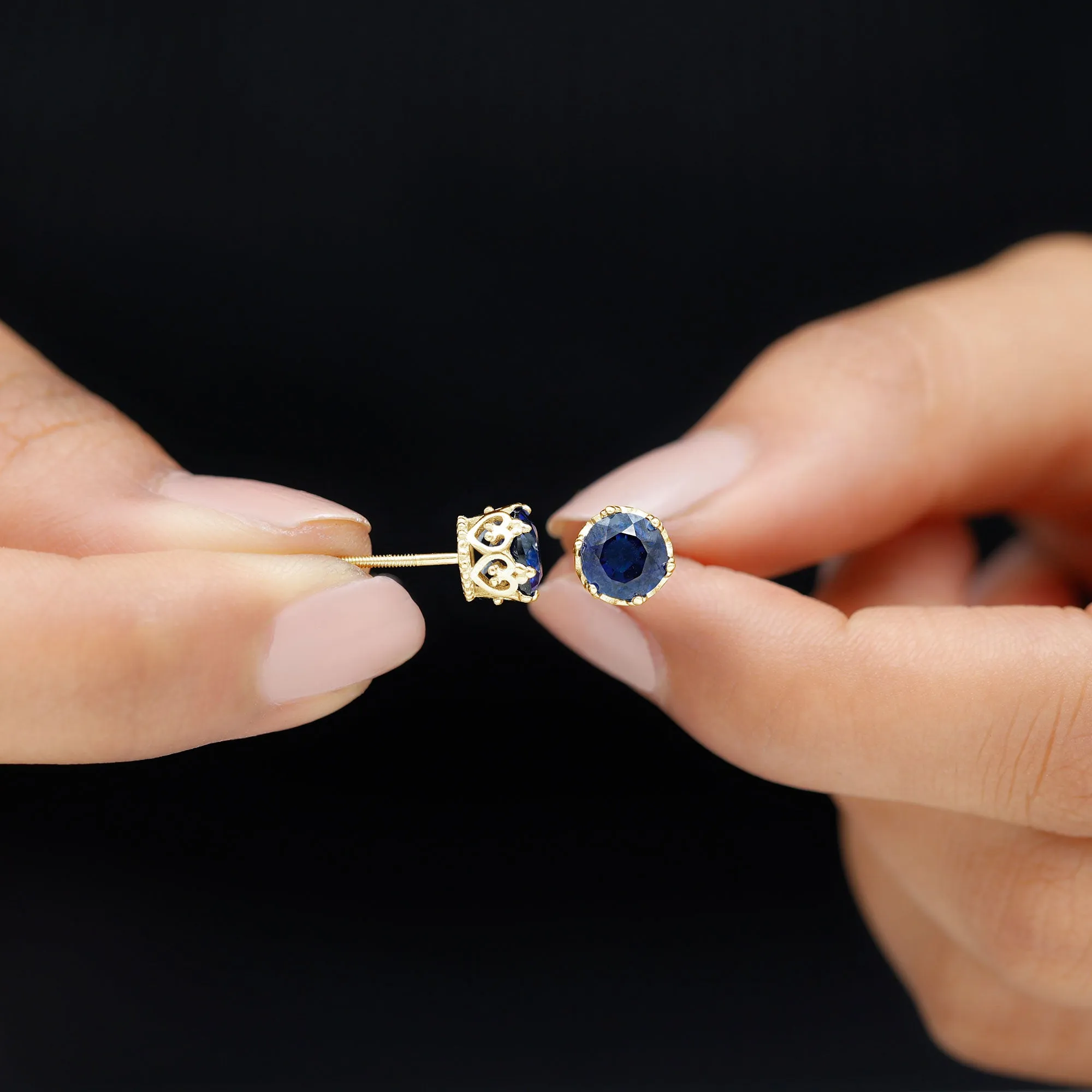 2 CT Created Blue Sapphire Solitaire Gold Crown Stud Earrings