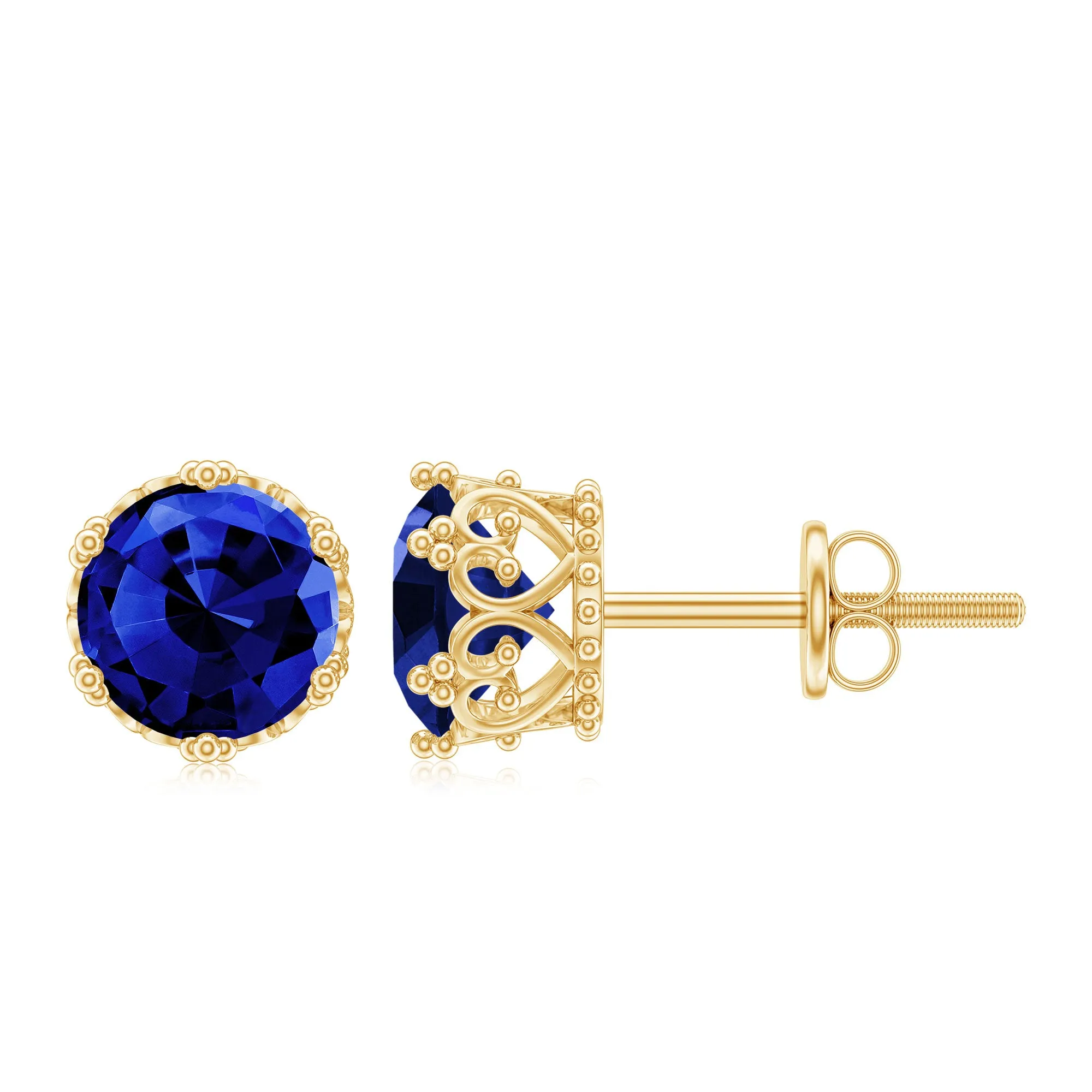 2 CT Created Blue Sapphire Solitaire Gold Crown Stud Earrings