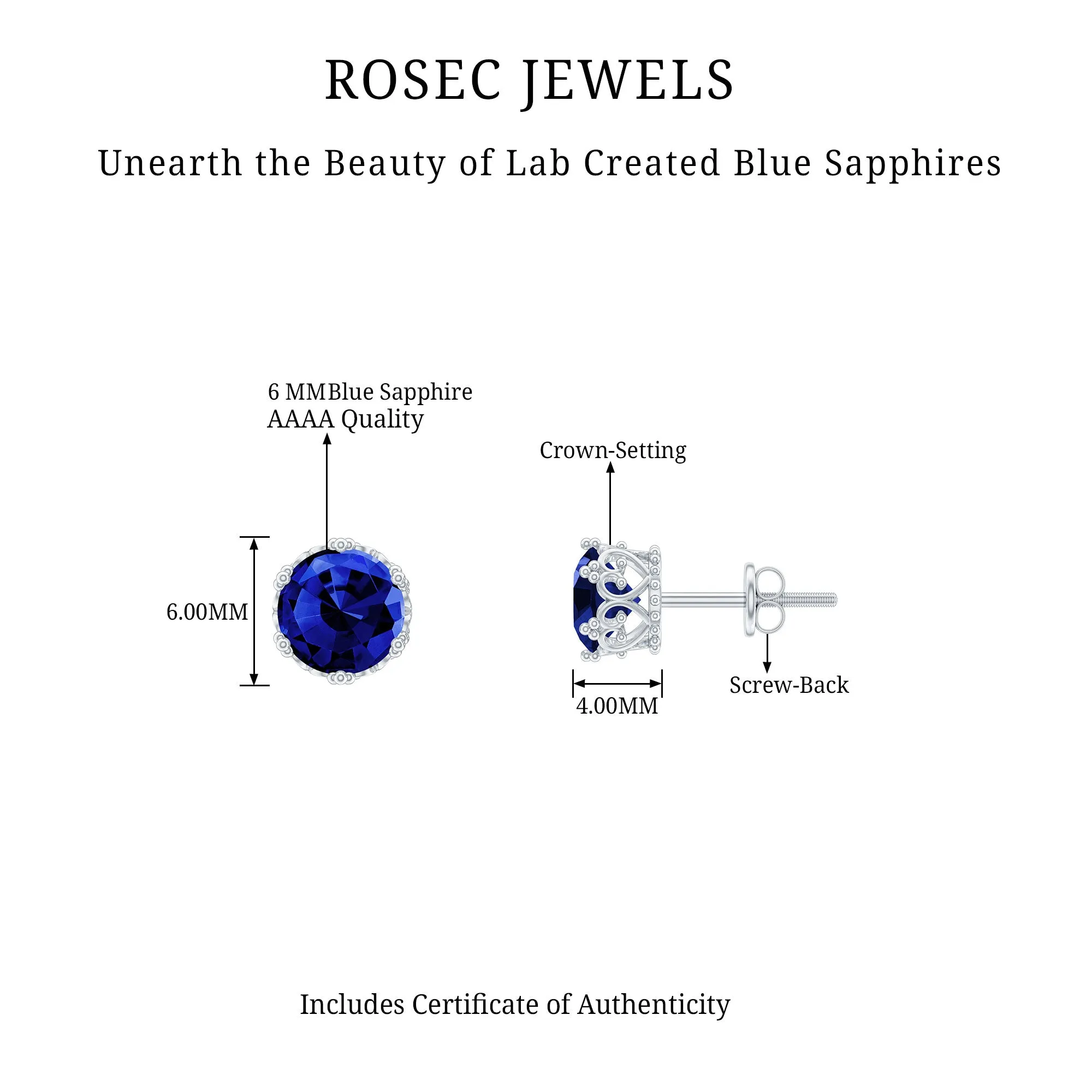 2 CT Created Blue Sapphire Solitaire Gold Crown Stud Earrings