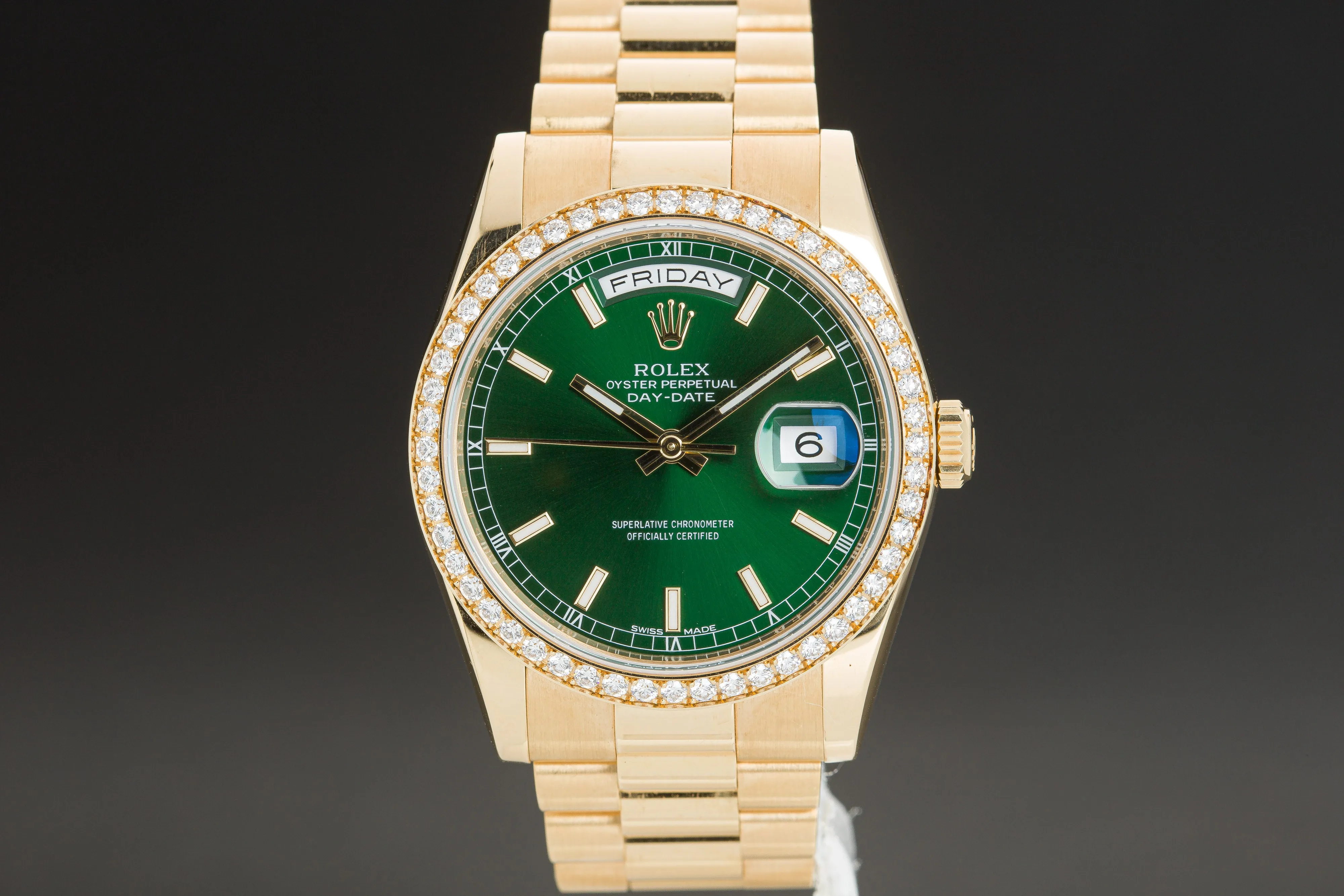 2017 Rolex Day-Date 118348 with Green Dial & Diamond Bezel w/ Box & Card