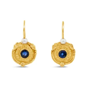 22k Yellow Gold Sapphire and Pearl Dangle Earrings