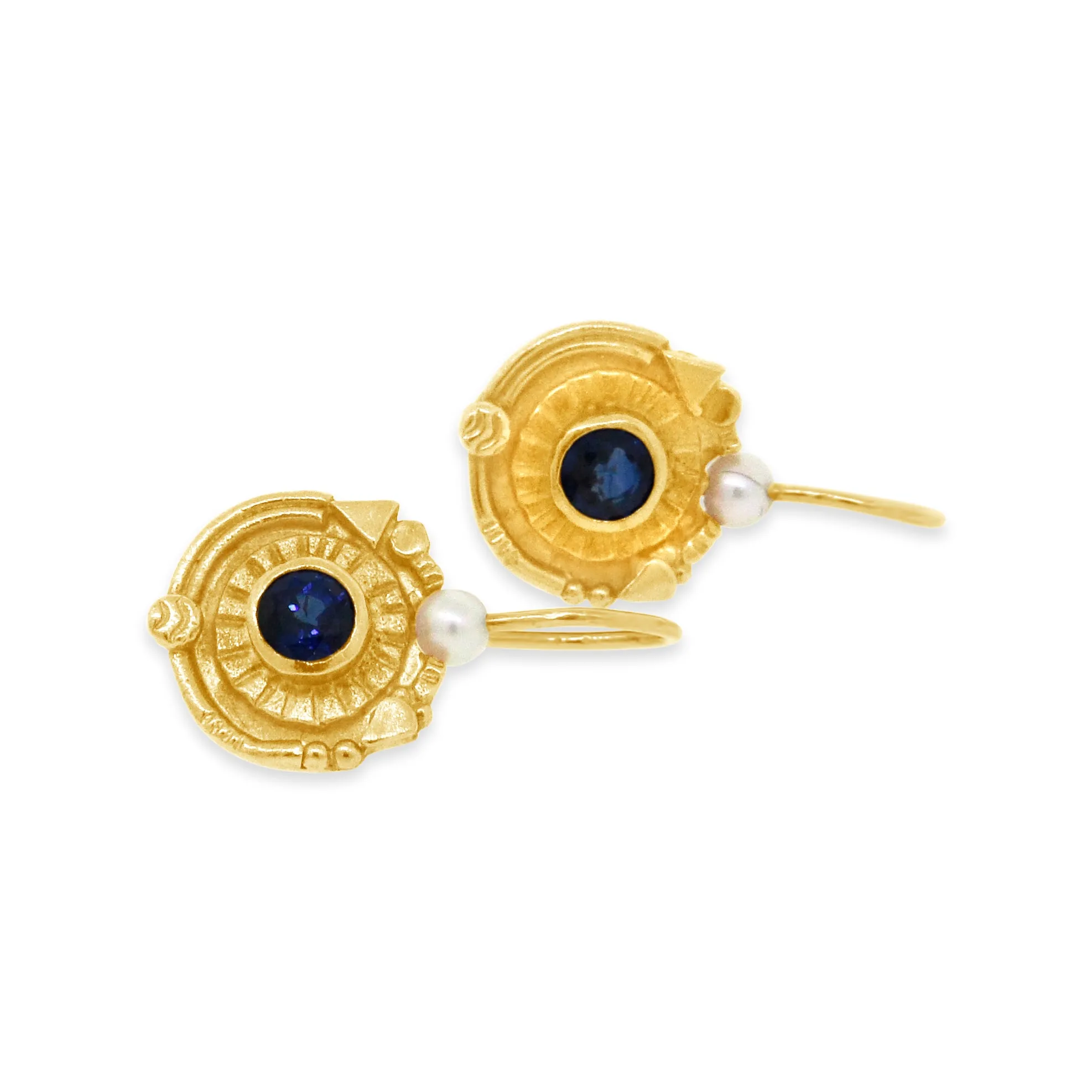 22k Yellow Gold Sapphire and Pearl Dangle Earrings