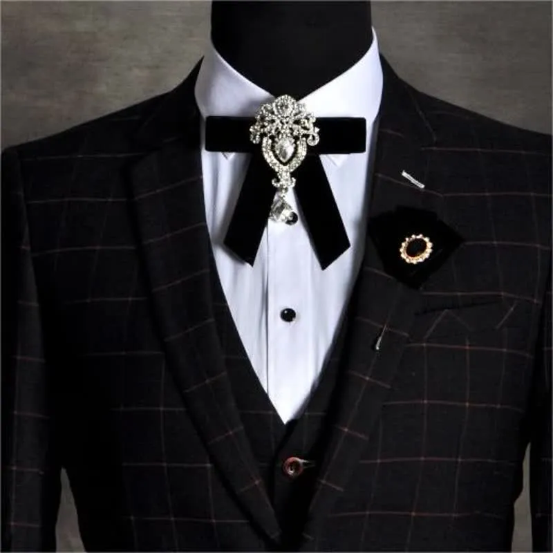 2Pcs Royal Rhinestone Brooch Velvet Bow Tie Set