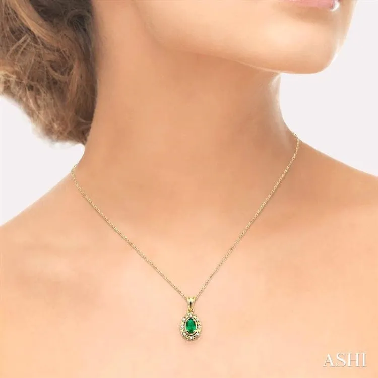 5x3 MM Oval Shape Emerald and 1/20 Ctw Single Cut Diamond Pendant in 14K Yellow Gold with Chain