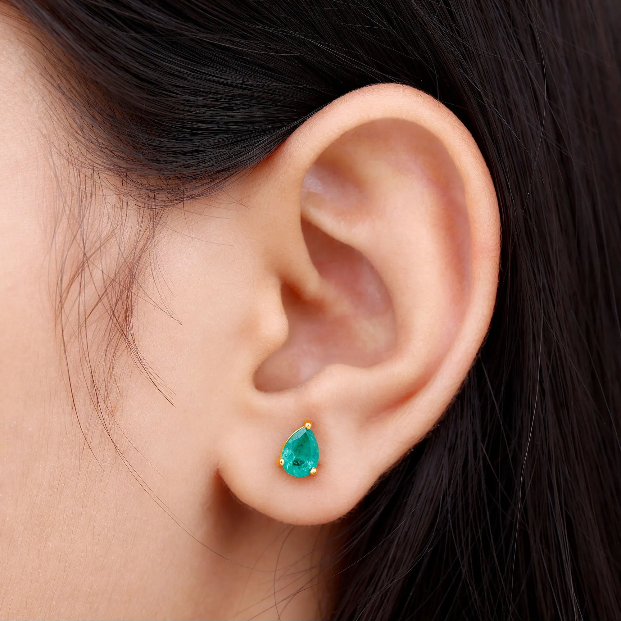 5X7 MM Pear Cut Emerald Solitaire Stud Earring