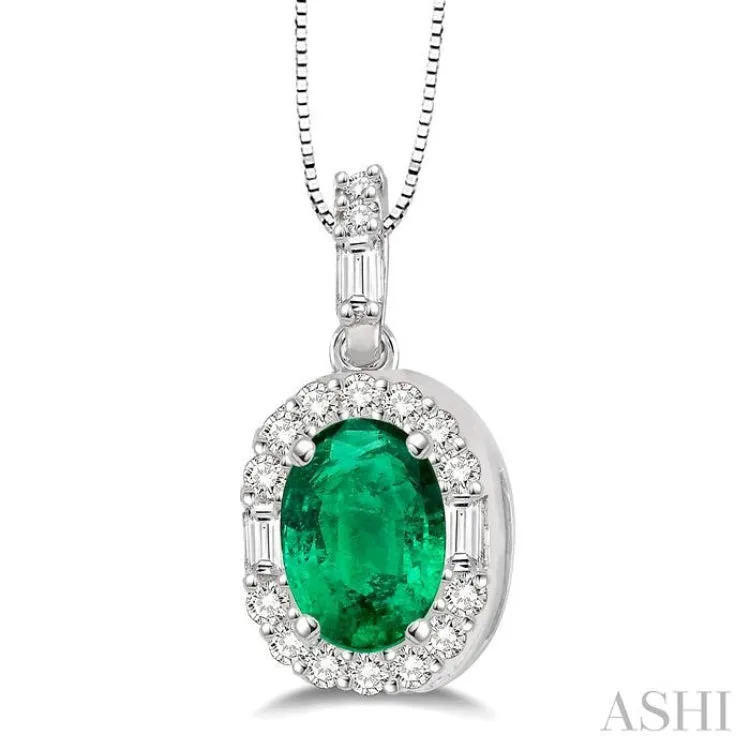 6x4 MM Oval Shape Emerald and 1/4 Ctw Diamond Pendant in 14K White Gold with Chain