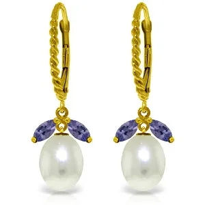 9 Carat 14K Solid Yellow Gold Leverback Earrings Tanzanite Pearl