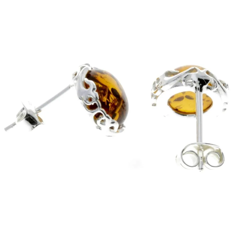 925 Sterling Silver & Genuine Baltic Amber Classic Round Studs Earrings - M648