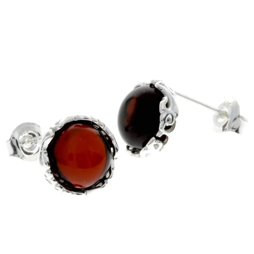 925 Sterling Silver & Genuine Baltic Amber Classic Round Studs Earrings - M648