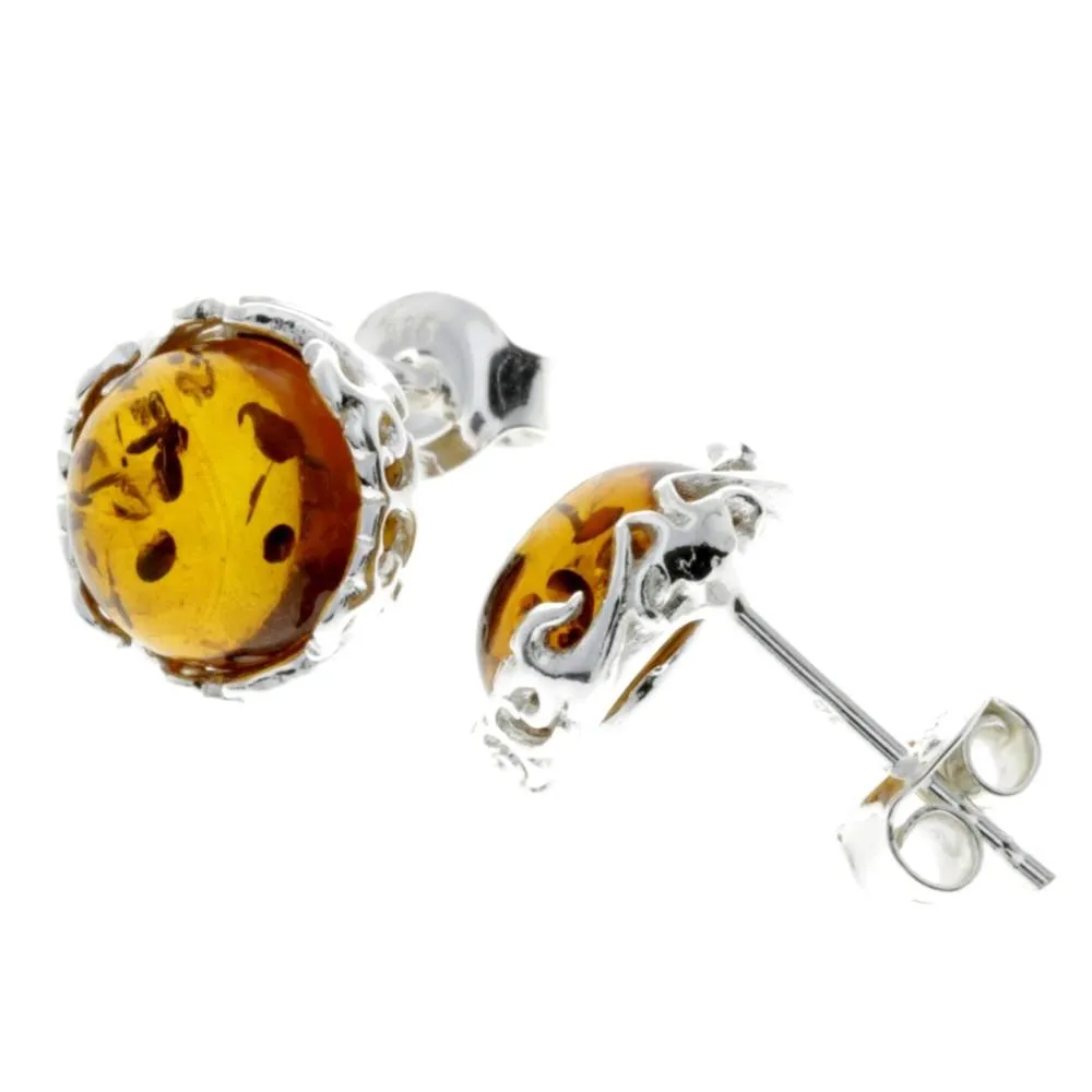 925 Sterling Silver & Genuine Baltic Amber Classic Round Studs Earrings - M648