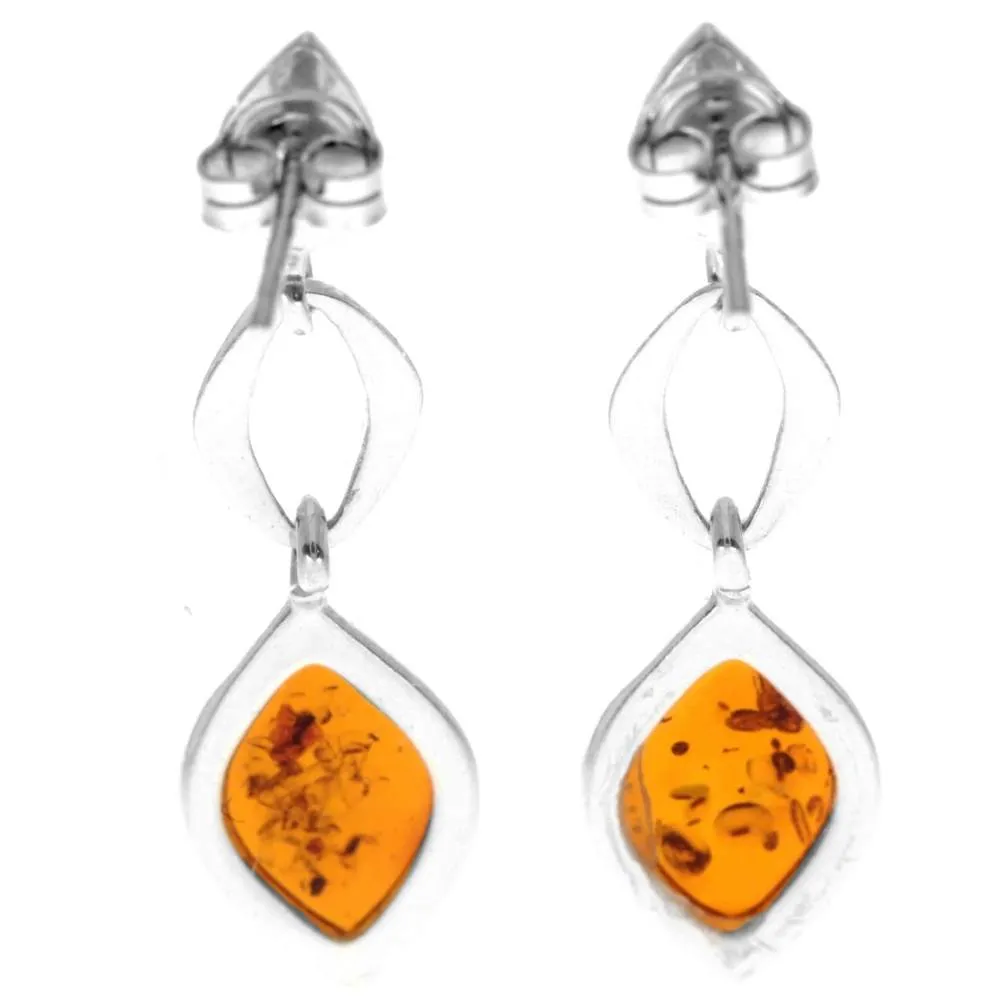 925 Sterling Silver & Genuine Baltic Amber Classic Studs Dangling Earrings - GL1021