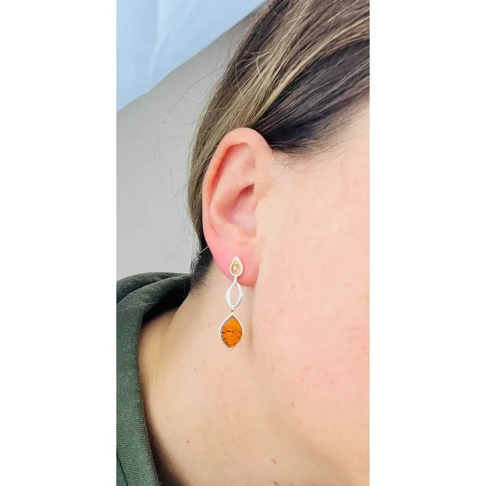 925 Sterling Silver & Genuine Baltic Amber Classic Studs Dangling Earrings - GL1021