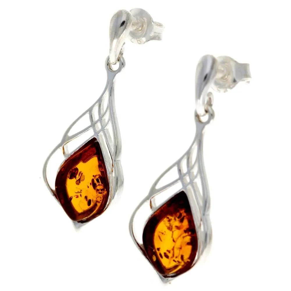 925 Sterling Silver & Genuine Baltic Amber Drop Studs Celtic Earrings - GL1005