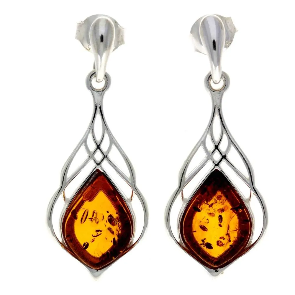 925 Sterling Silver & Genuine Baltic Amber Drop Studs Celtic Earrings - GL1005