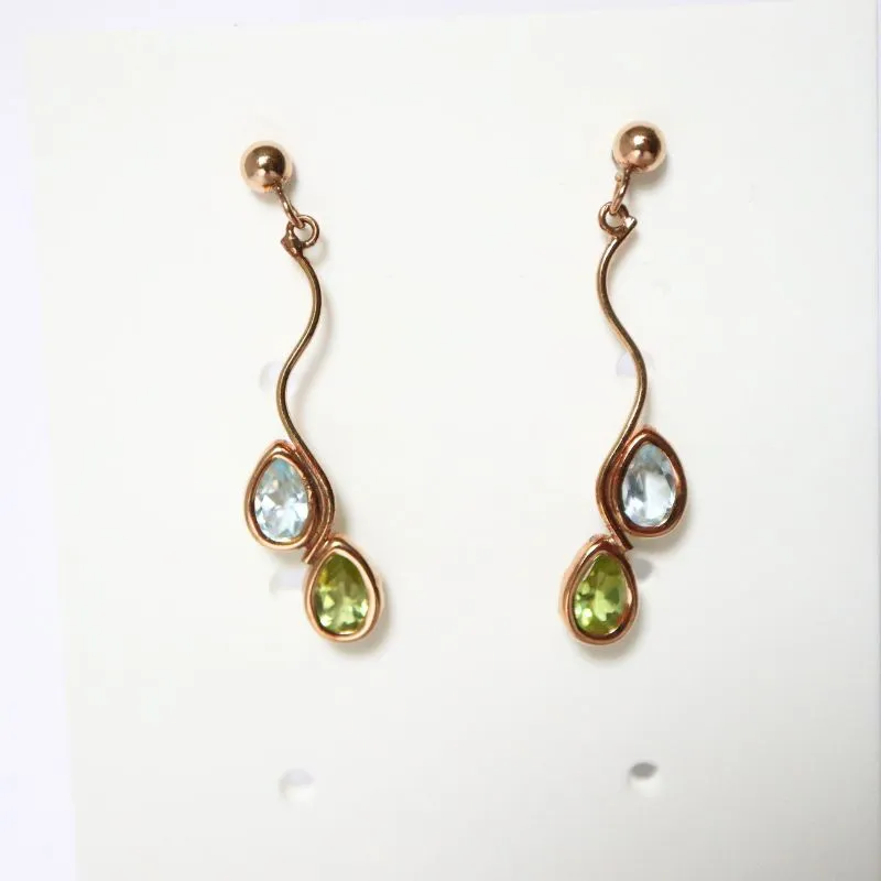 9ct Gold Blue Topaz and Peridot Drop Earrings