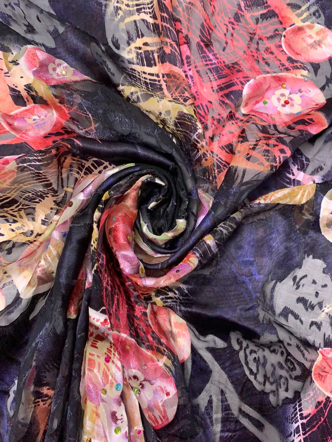 Abstract Floral Printed Silk-Rayon Burnout Chiffon with Stones - Dusty Raspberry / Coral / Creamy Yellow / Black