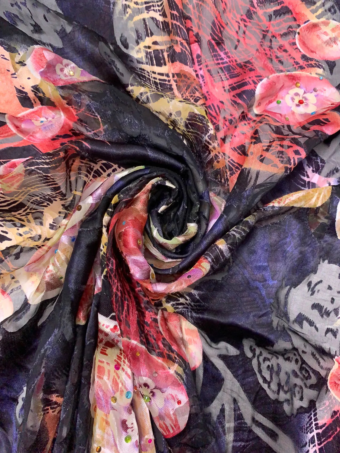 Abstract Floral Printed Silk-Rayon Burnout Chiffon with Stones - Dusty Raspberry / Coral / Creamy Yellow / Black