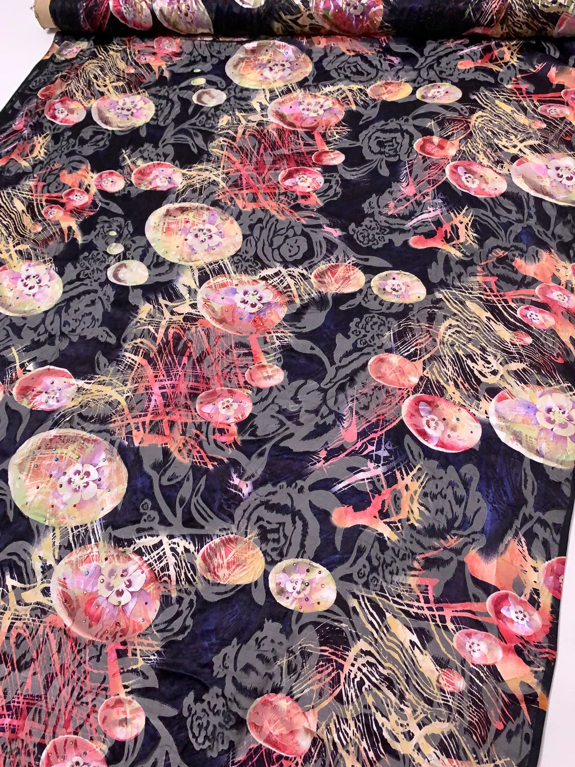 Abstract Floral Printed Silk-Rayon Burnout Chiffon with Stones - Dusty Raspberry / Coral / Creamy Yellow / Black