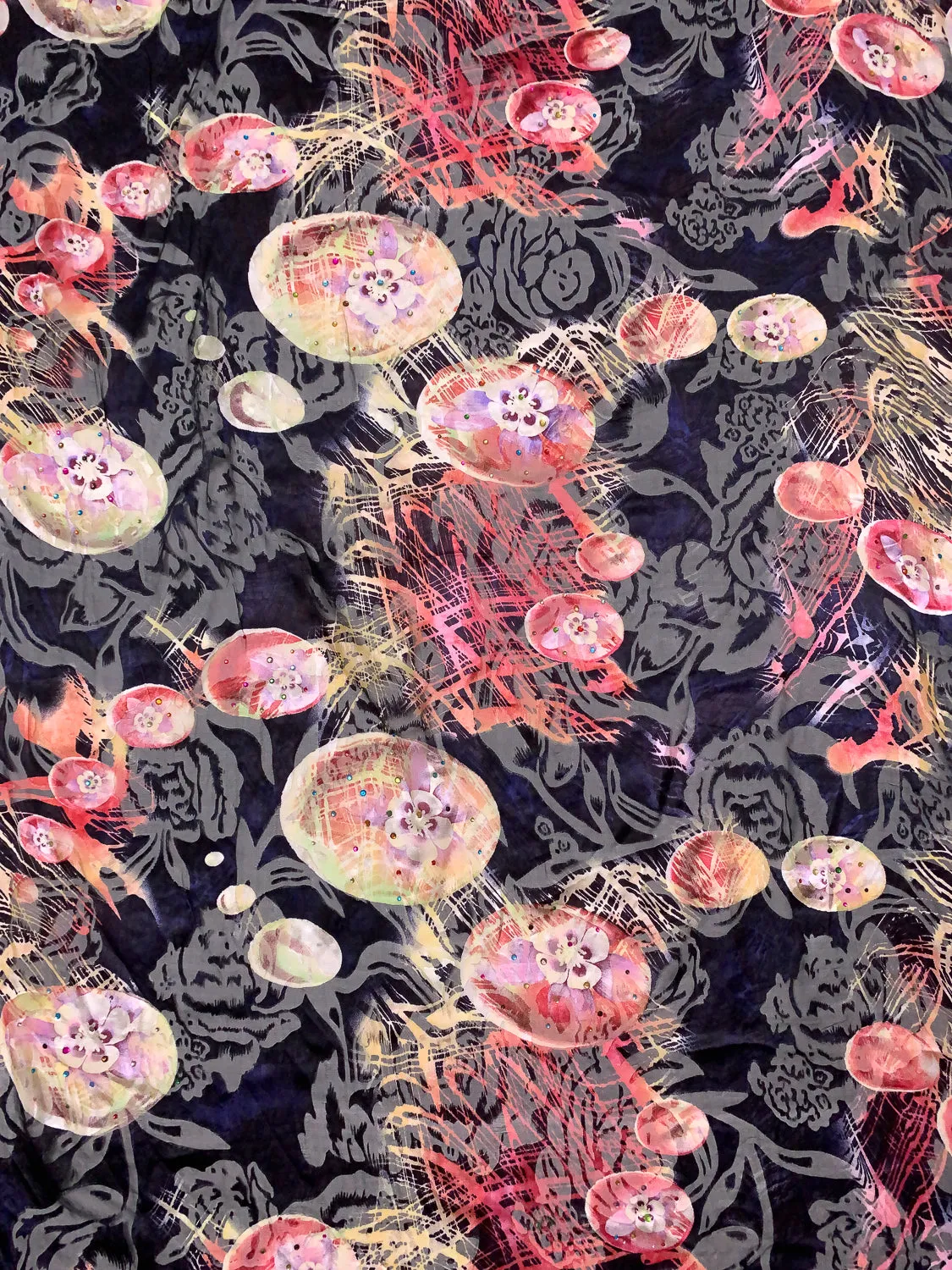 Abstract Floral Printed Silk-Rayon Burnout Chiffon with Stones - Dusty Raspberry / Coral / Creamy Yellow / Black