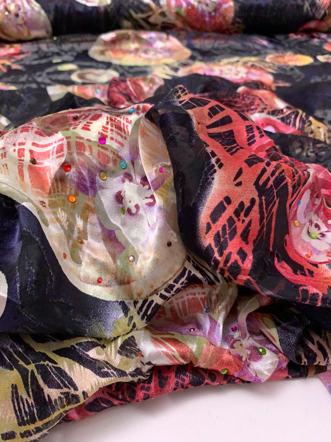 Abstract Floral Printed Silk-Rayon Burnout Chiffon with Stones - Dusty Raspberry / Coral / Creamy Yellow / Black