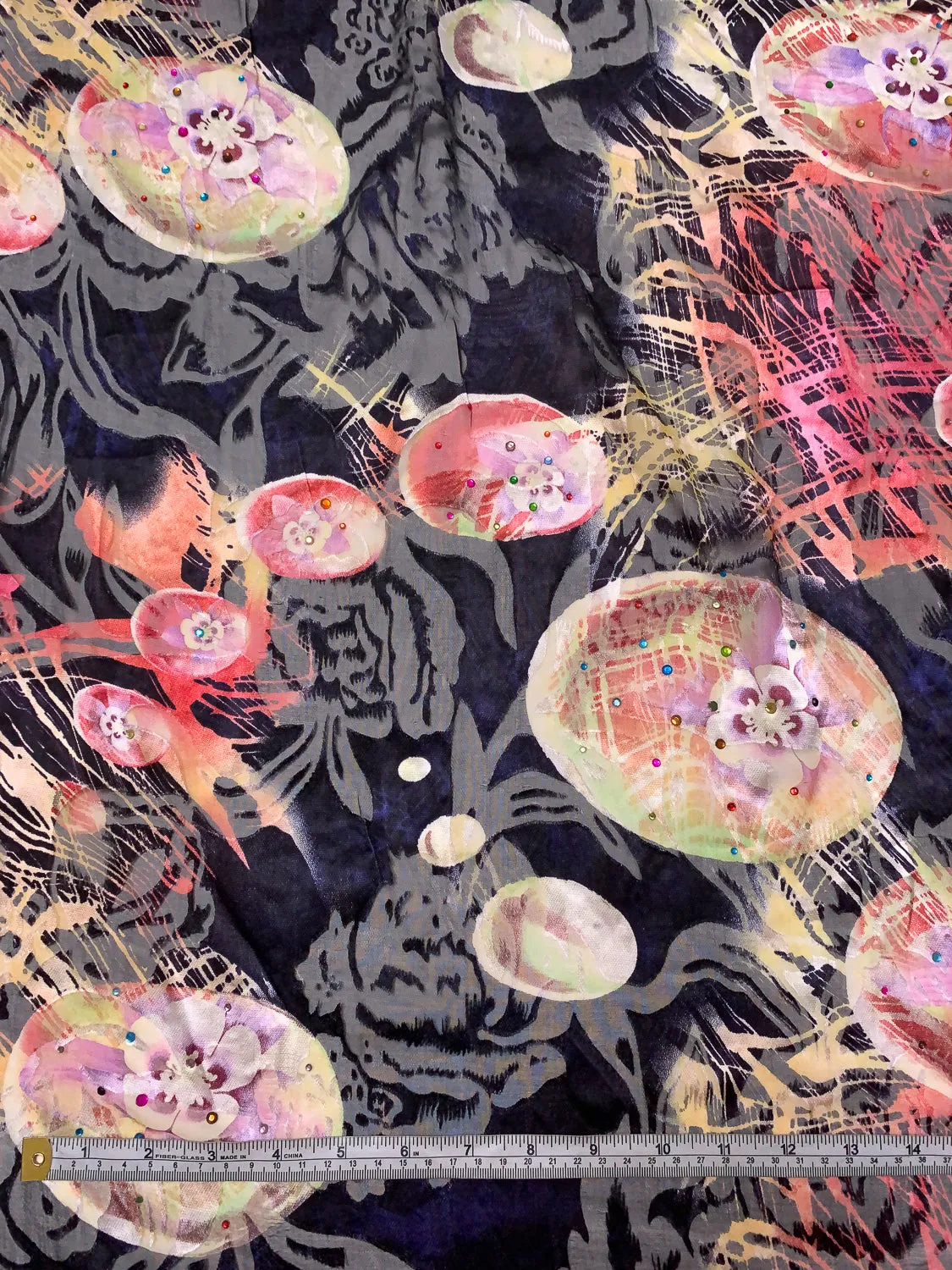 Abstract Floral Printed Silk-Rayon Burnout Chiffon with Stones - Dusty Raspberry / Coral / Creamy Yellow / Black