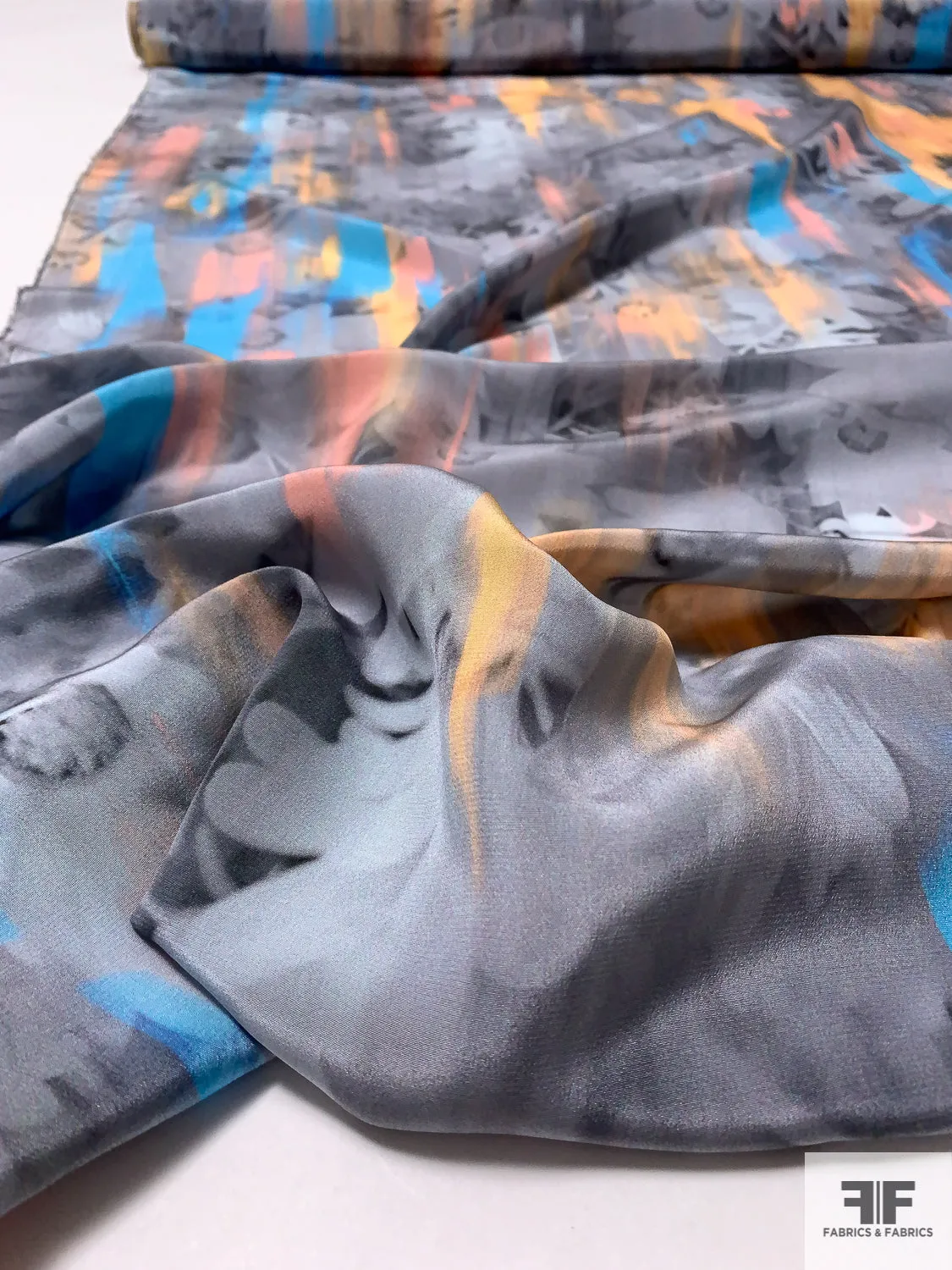 Abstract Hazy Floral Painterly Printed Silk Crepe de Chine - Summer Blue / Coral / Peach / Greys