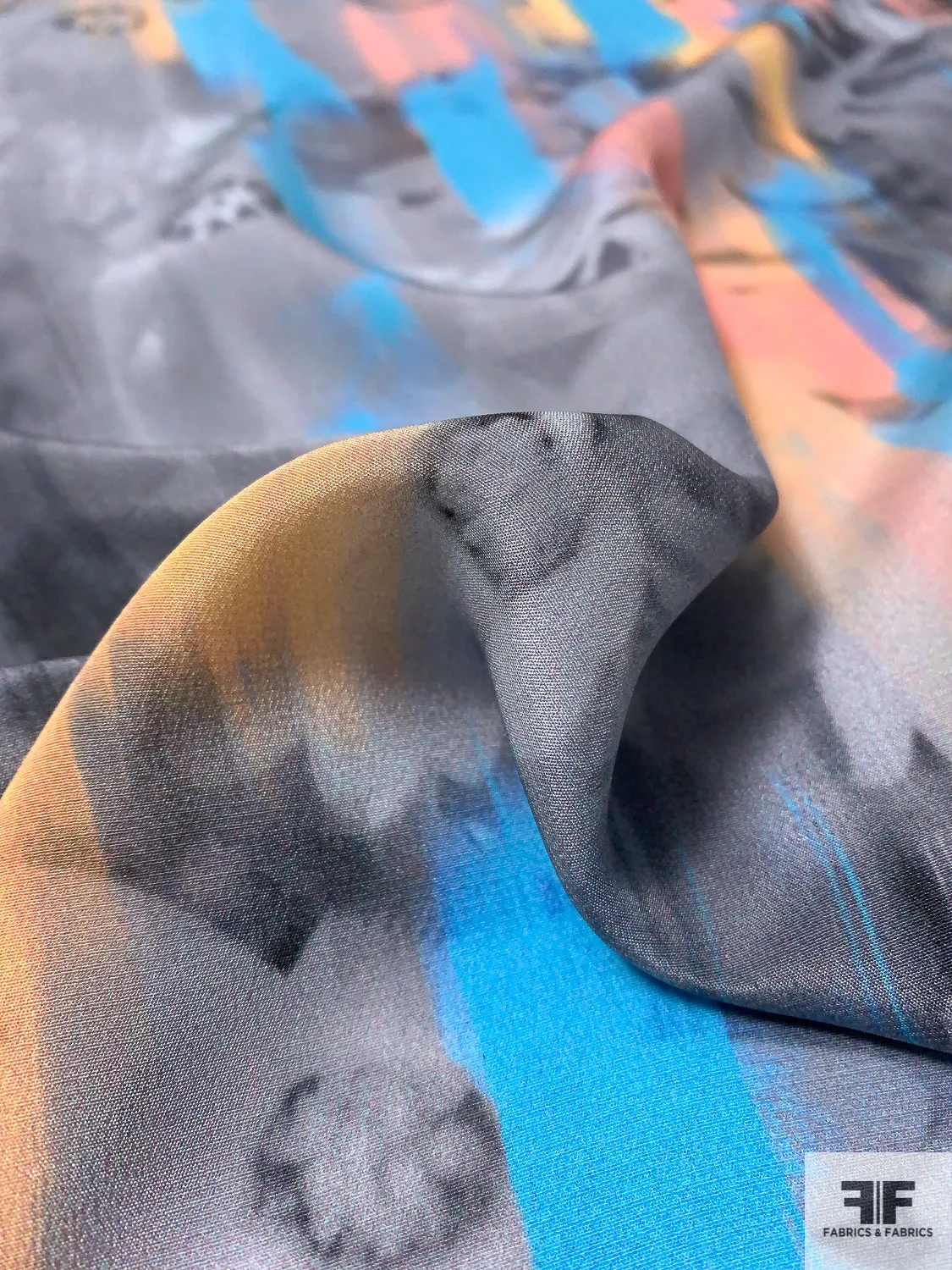 Abstract Hazy Floral Painterly Printed Silk Crepe de Chine - Summer Blue / Coral / Peach / Greys