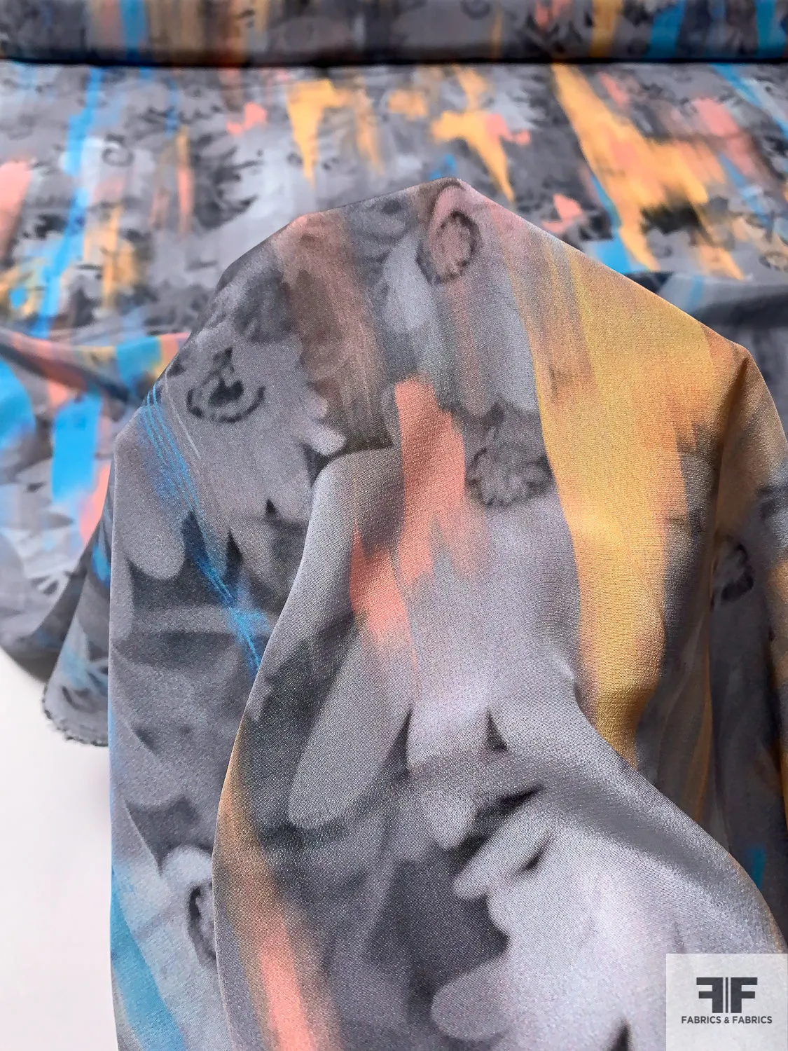 Abstract Hazy Floral Painterly Printed Silk Crepe de Chine - Summer Blue / Coral / Peach / Greys