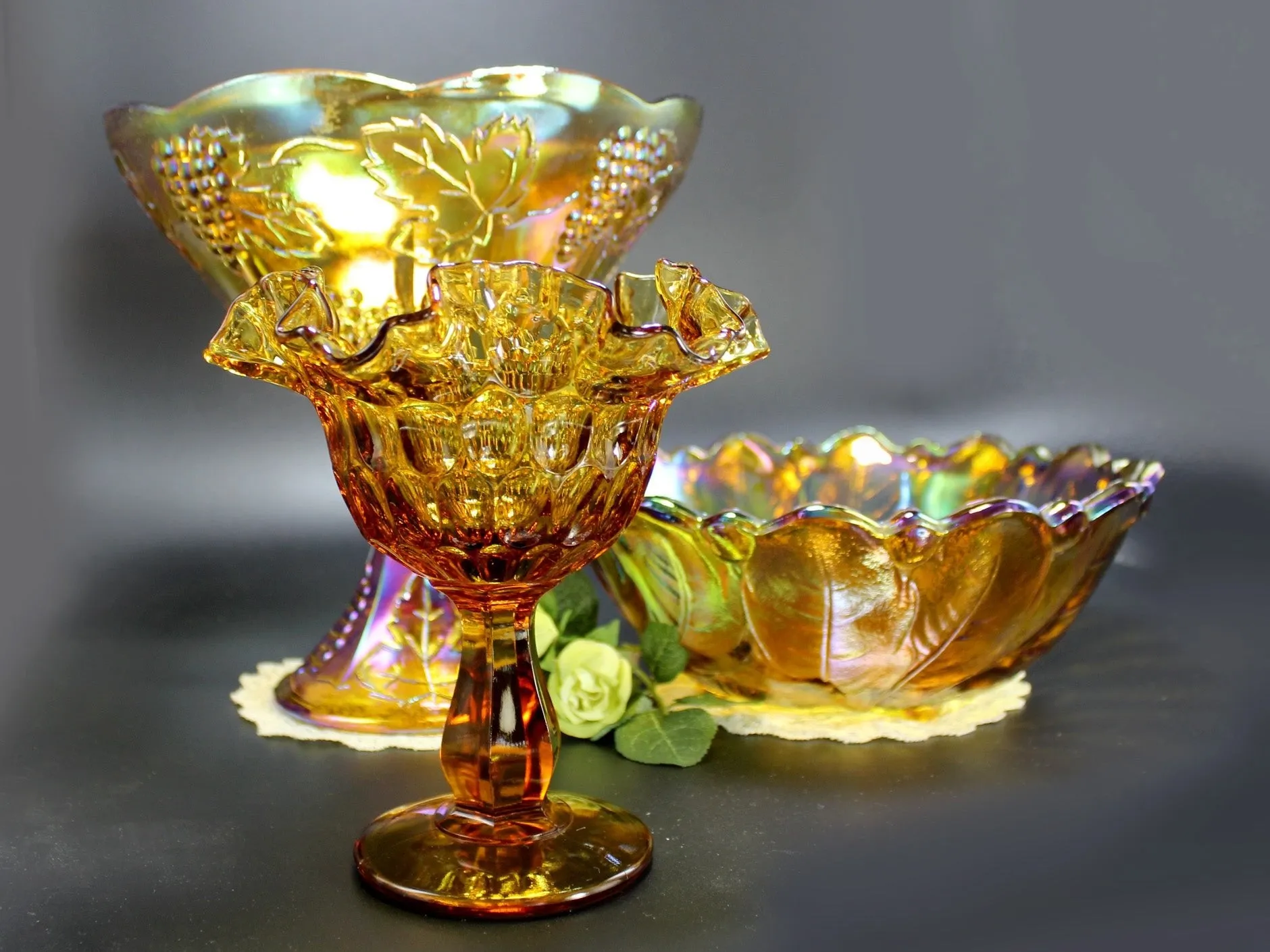 Amber Carnival Glass Lot, Compotes and Serving Bowl, Indiana Glass Serving Dishes 11227